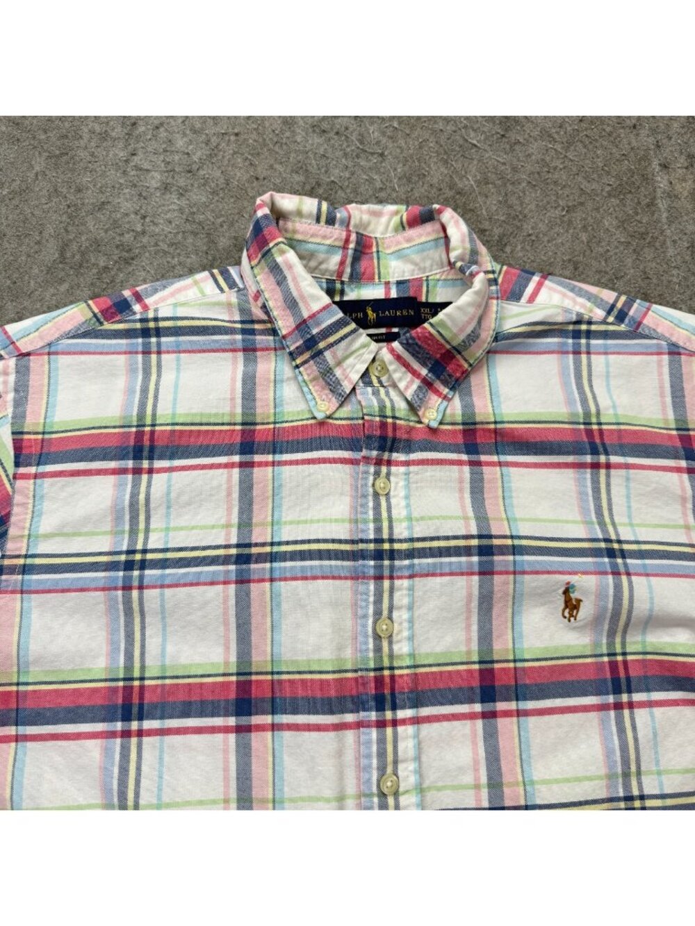 Ralph Lauren Oxford Shirt Men 2XL White Pink Blue Plaid Slim OCBD Short Sleeve